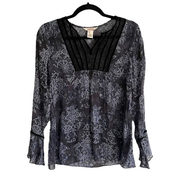 Sundance Blue Silk Printed Long Sleeve Semi-Sheer Popover Blouse Black Lace 8 - Picture 3 of 8